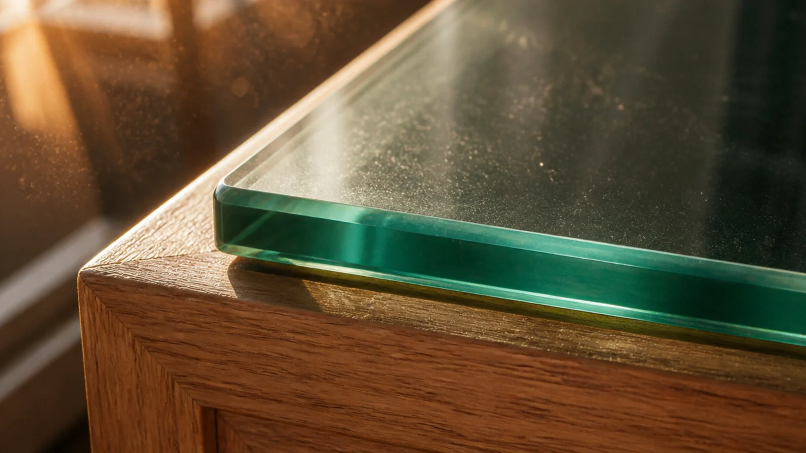 thick half inch glass edge glowing green above a timber frame