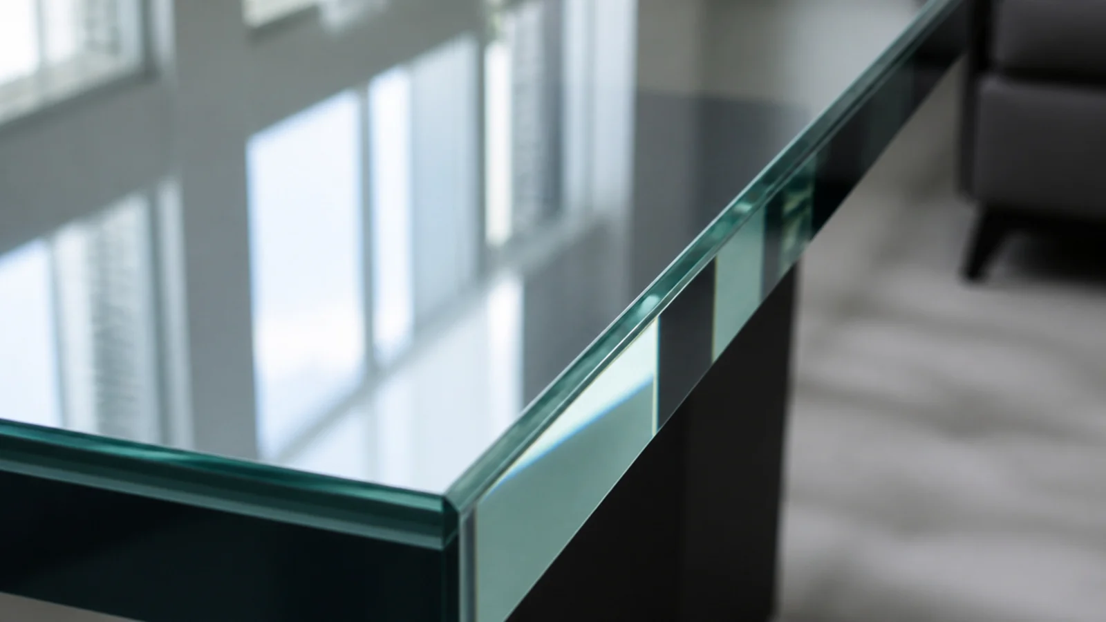 flat polished glass edge running along the side of a clear top