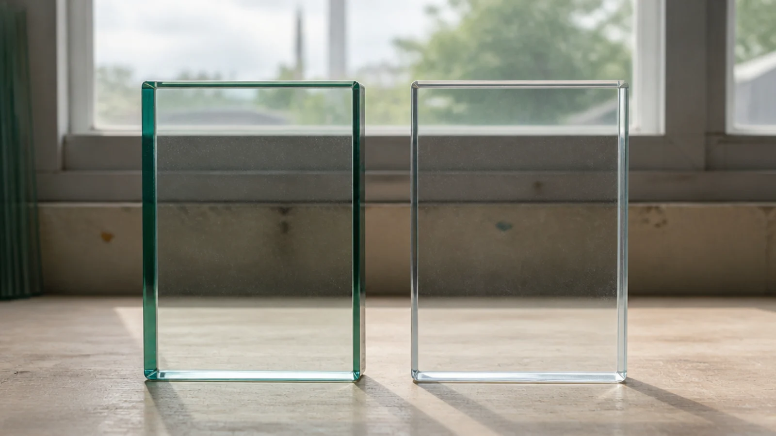 low iron glass sample beside a standard green edged glass sample