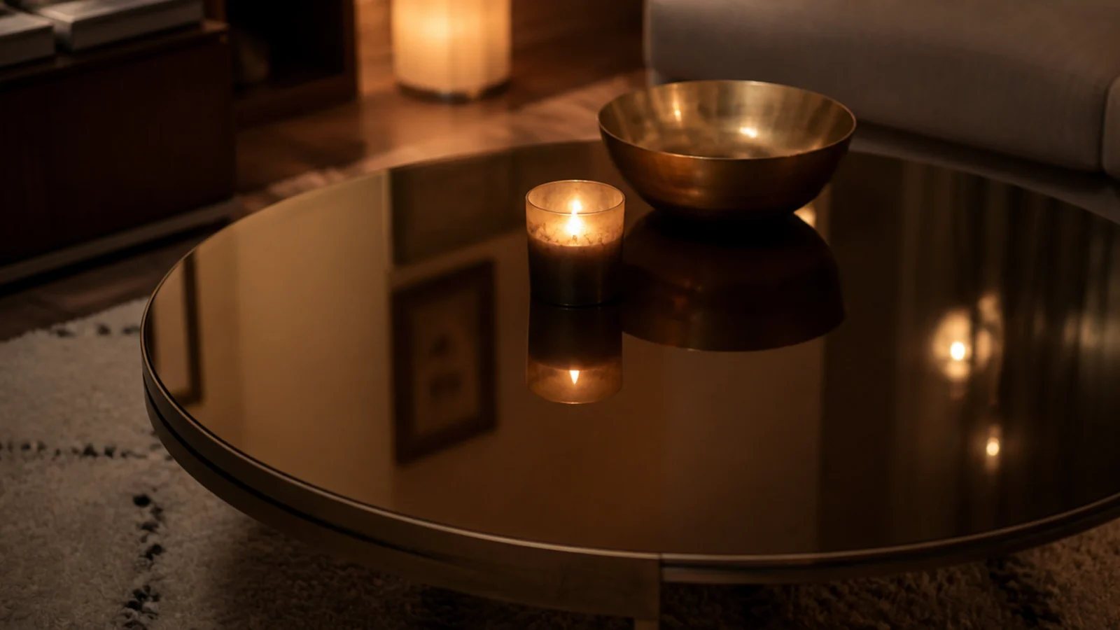 bronze tinted glass table top with soft reflections and few marks