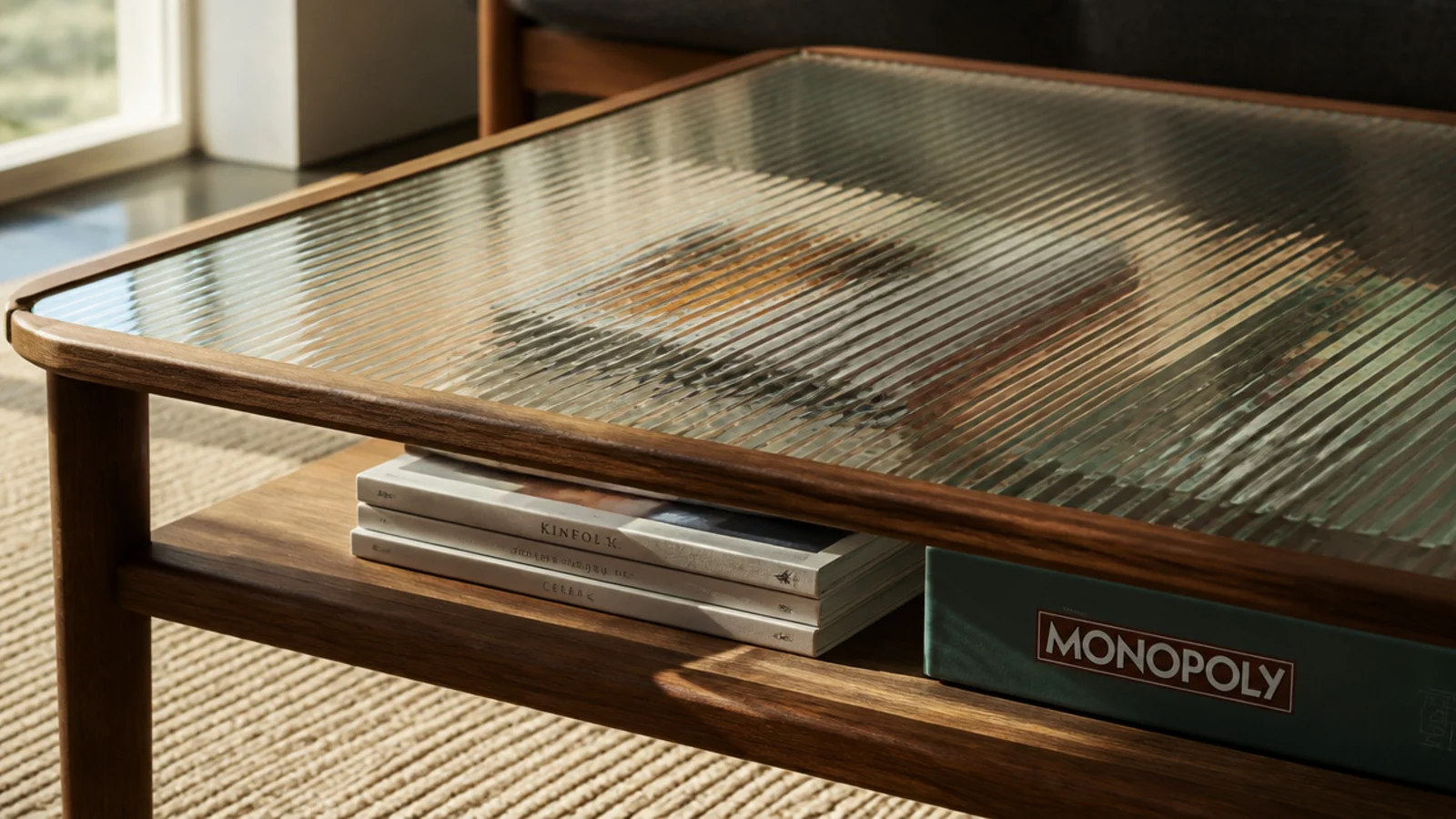 reeded fluted glass top blurring the magazines on a shelf below
