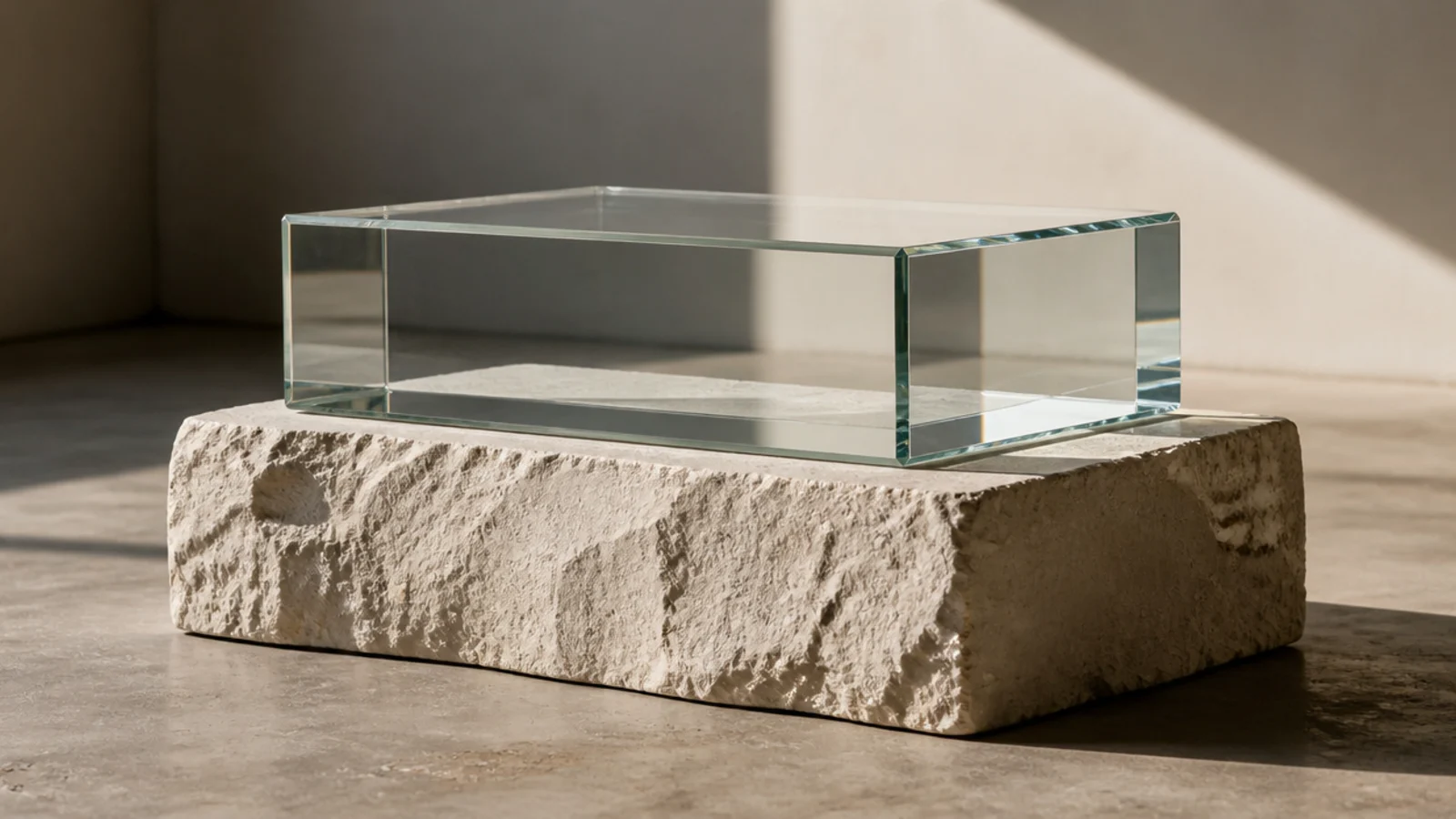 clear glass rectangle resting on a rough carved limestone plinth