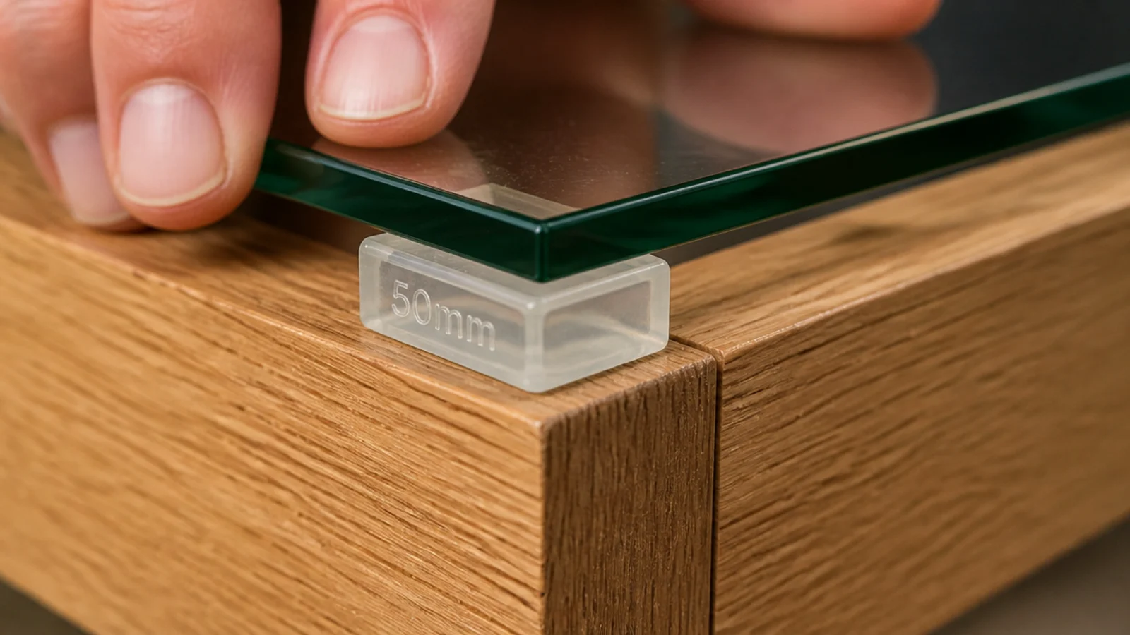 clear rubber setting block between a glass top and timber rail