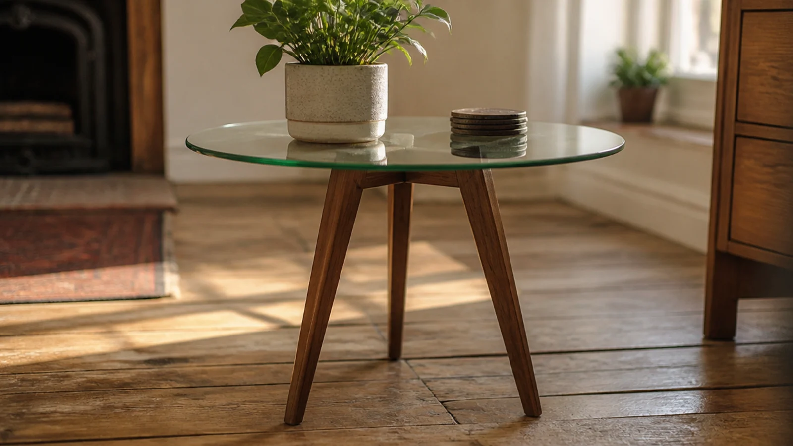 round glass top balanced evenly on three tapered timber legs