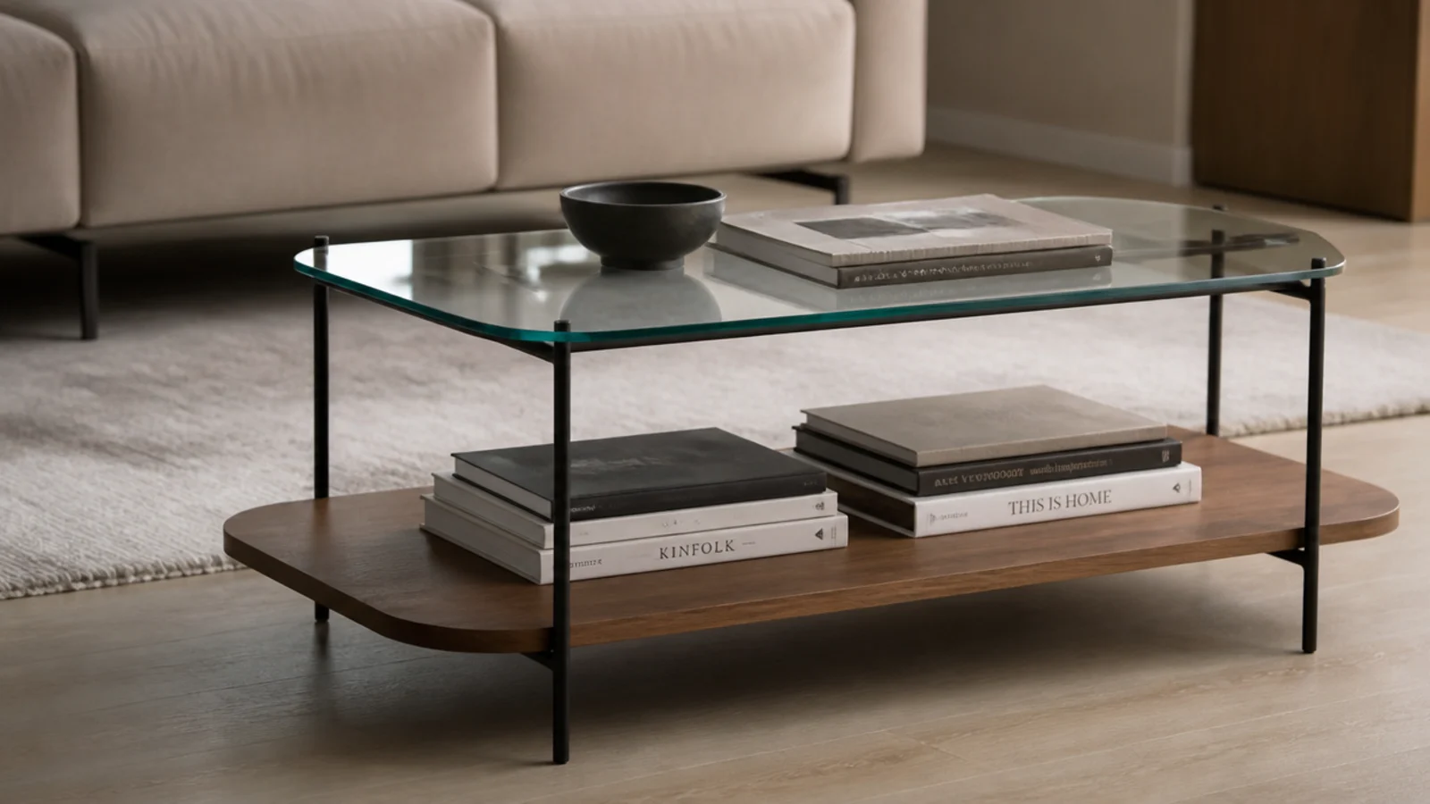 glass upper top above a solid timber lower shelf holding books