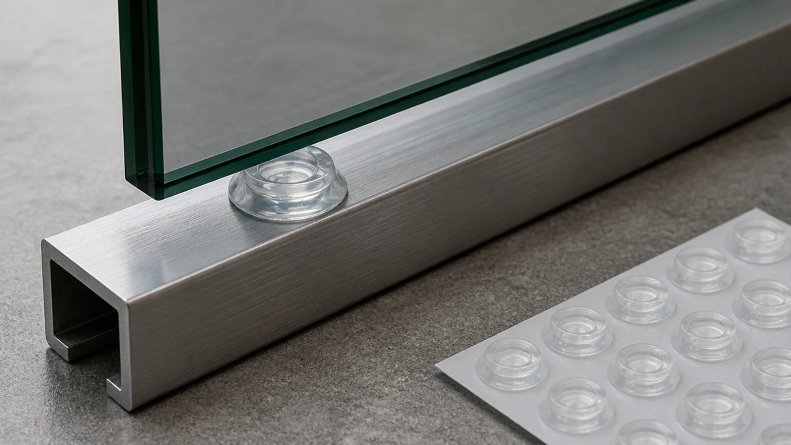 small clear silicone bumper fitted between a glass top and frame