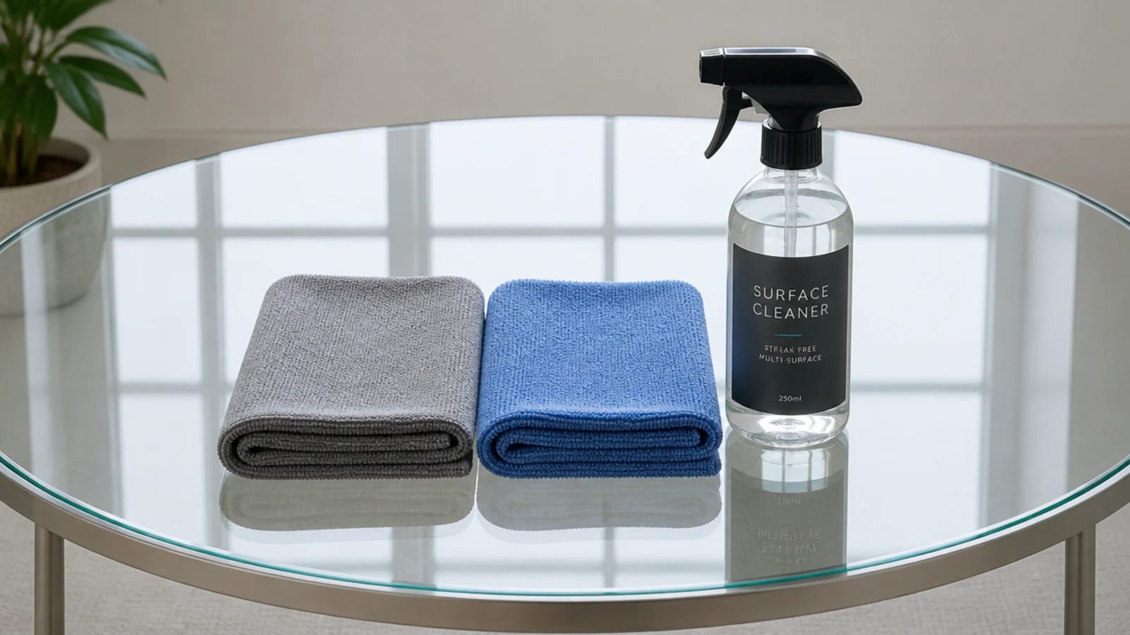 two folded microfibre cloths beside a spray bottle on glass