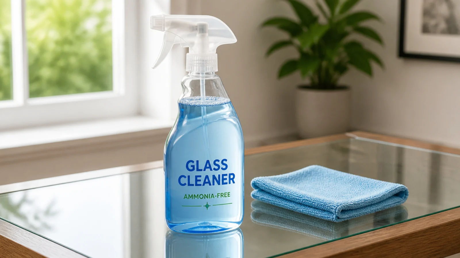 ammonia free glass cleaner bottle standing on a clear table top