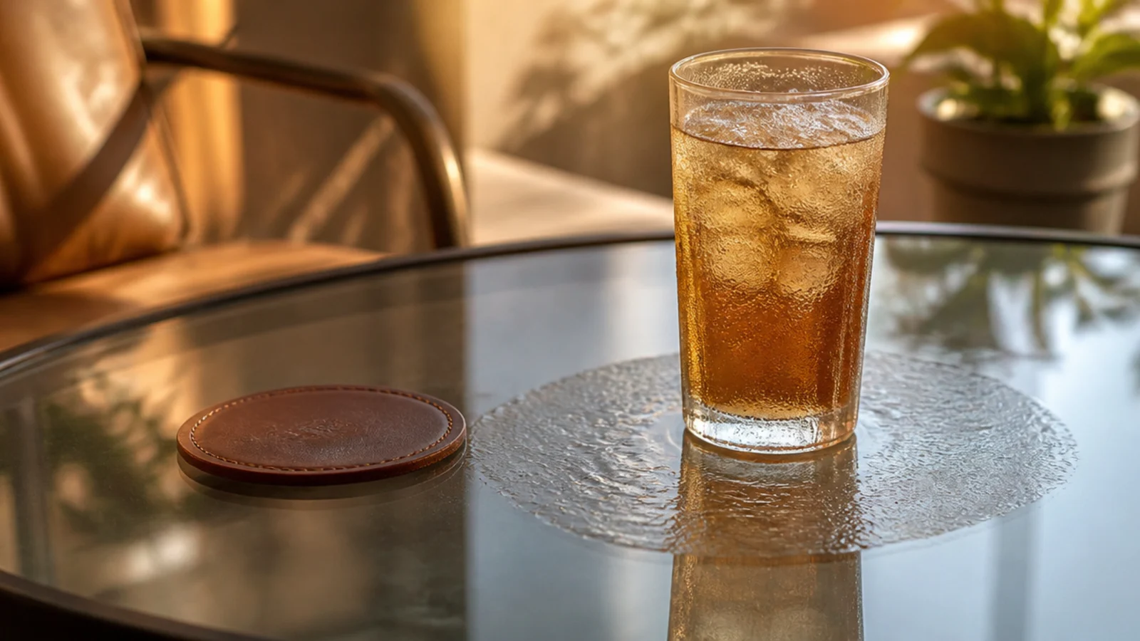 cold glass leaving a ring of condensation on a clear table top