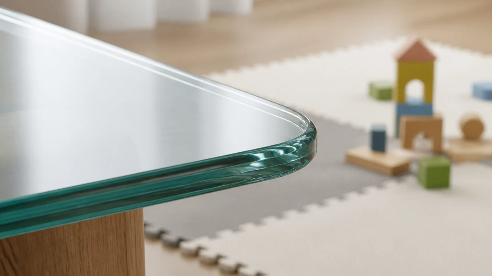 softly eased glass corner beside a play mat and wooden blocks