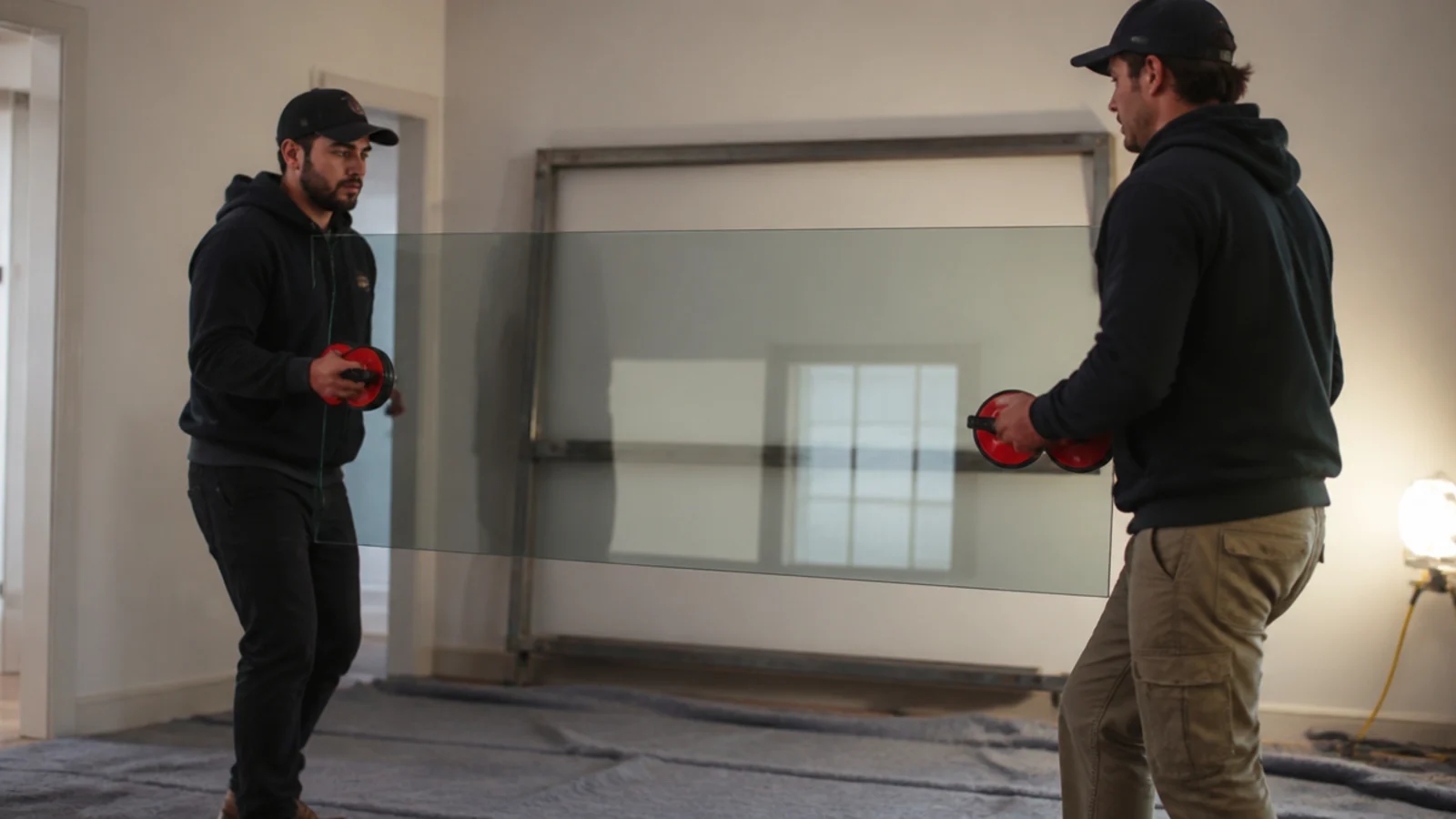 two people lifting a large glass top with suction handles fitted