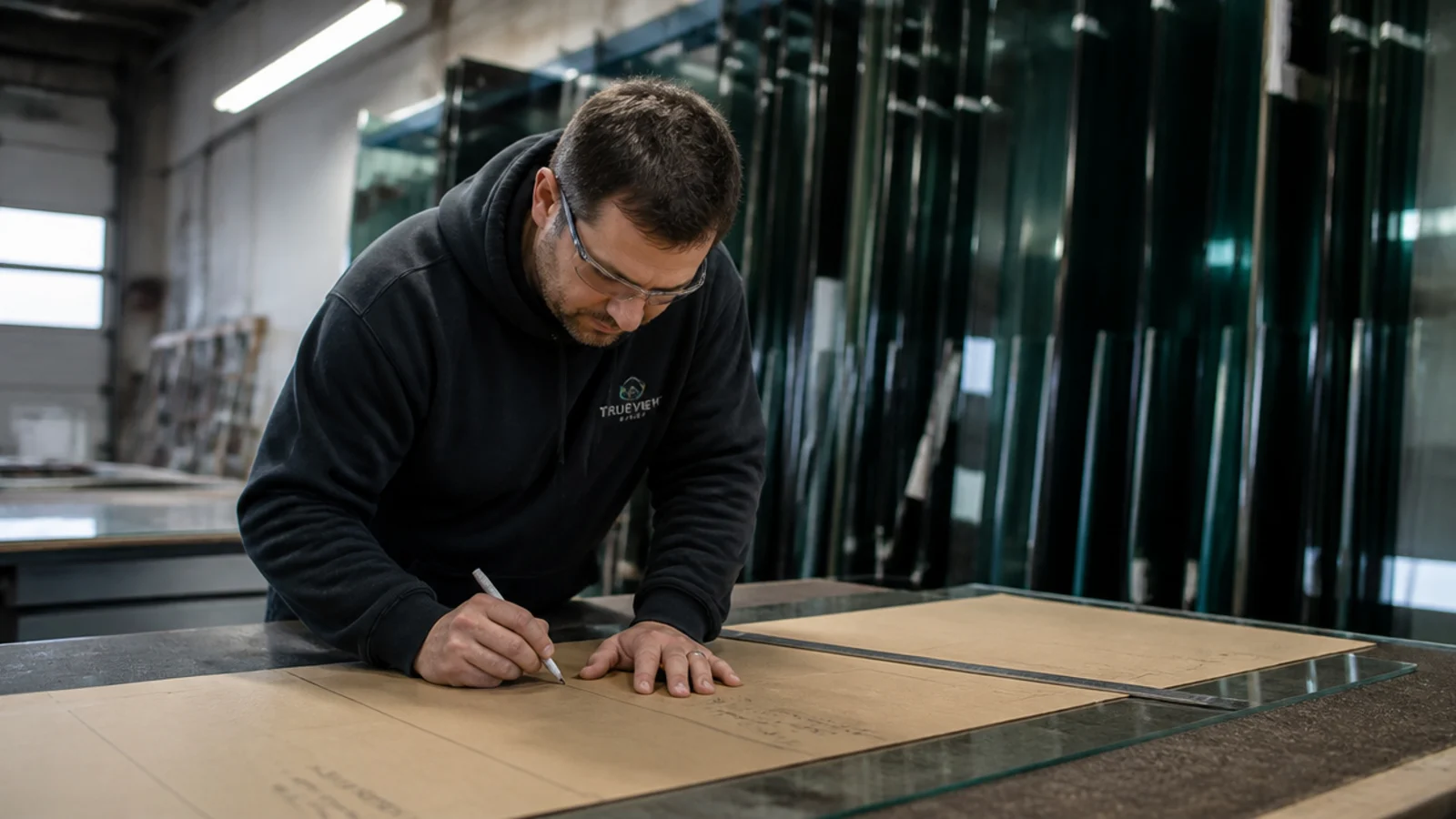 glazier measuring a template for a custom cut table top
