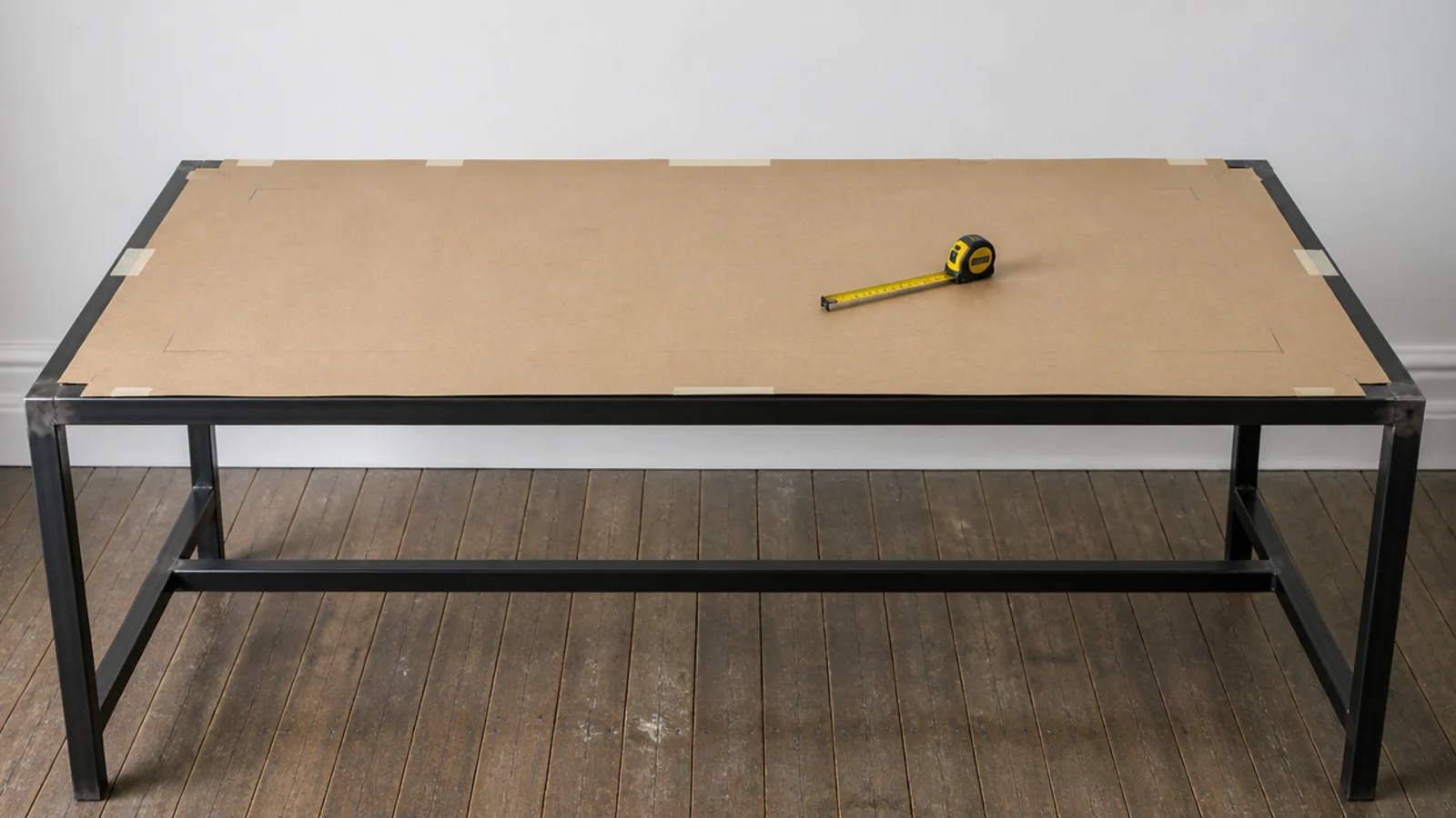 brown paper template taped over an empty table frame for measuring