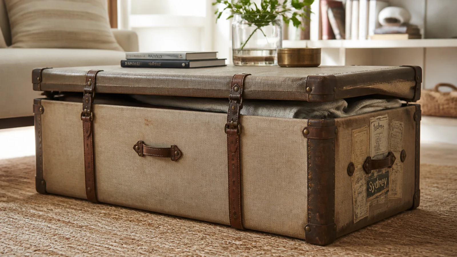 canvas and timber trunk used as a table with a folded blanket inside
