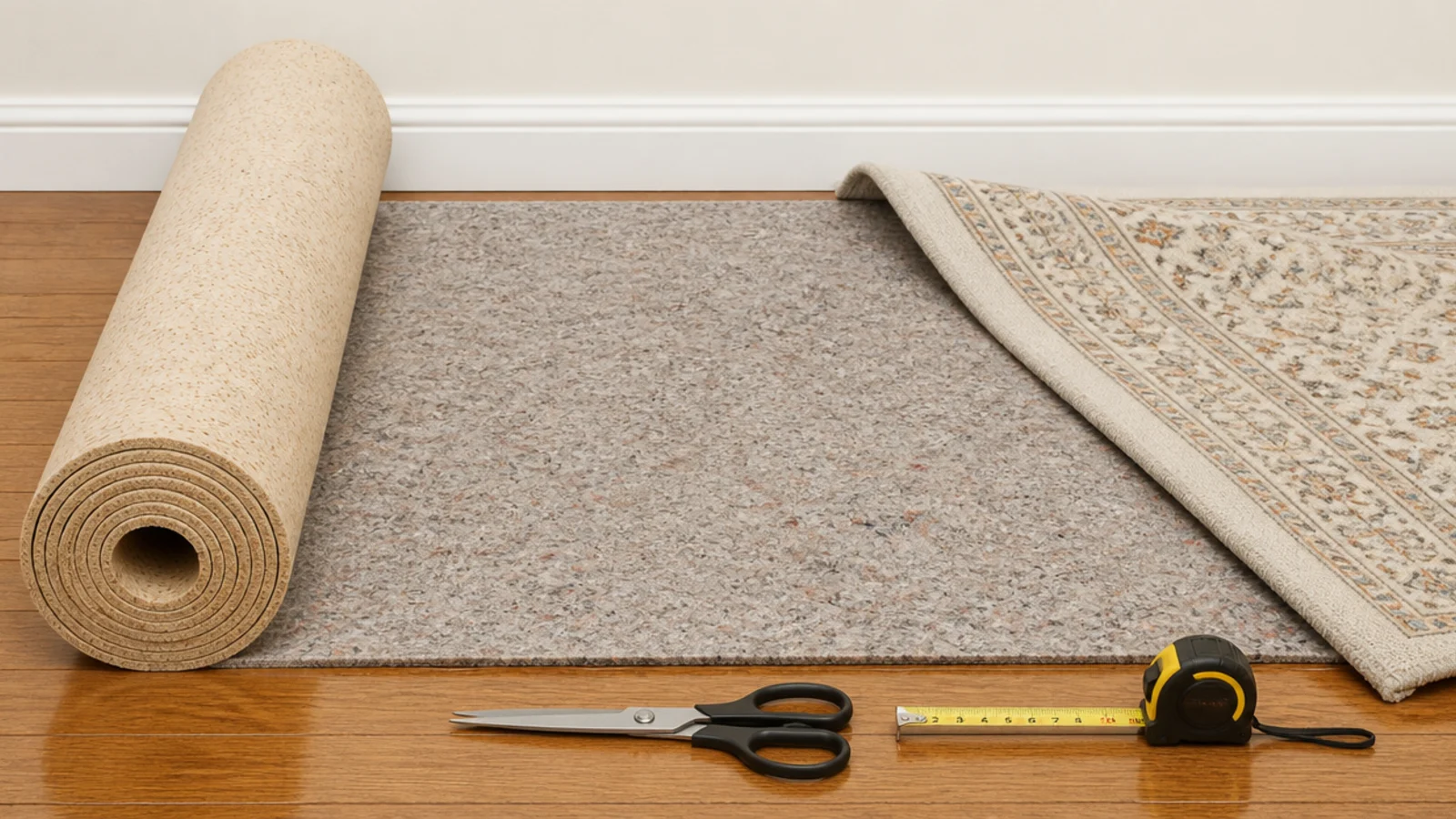 natural rubber rug underlay unrolled across a rented timber floor