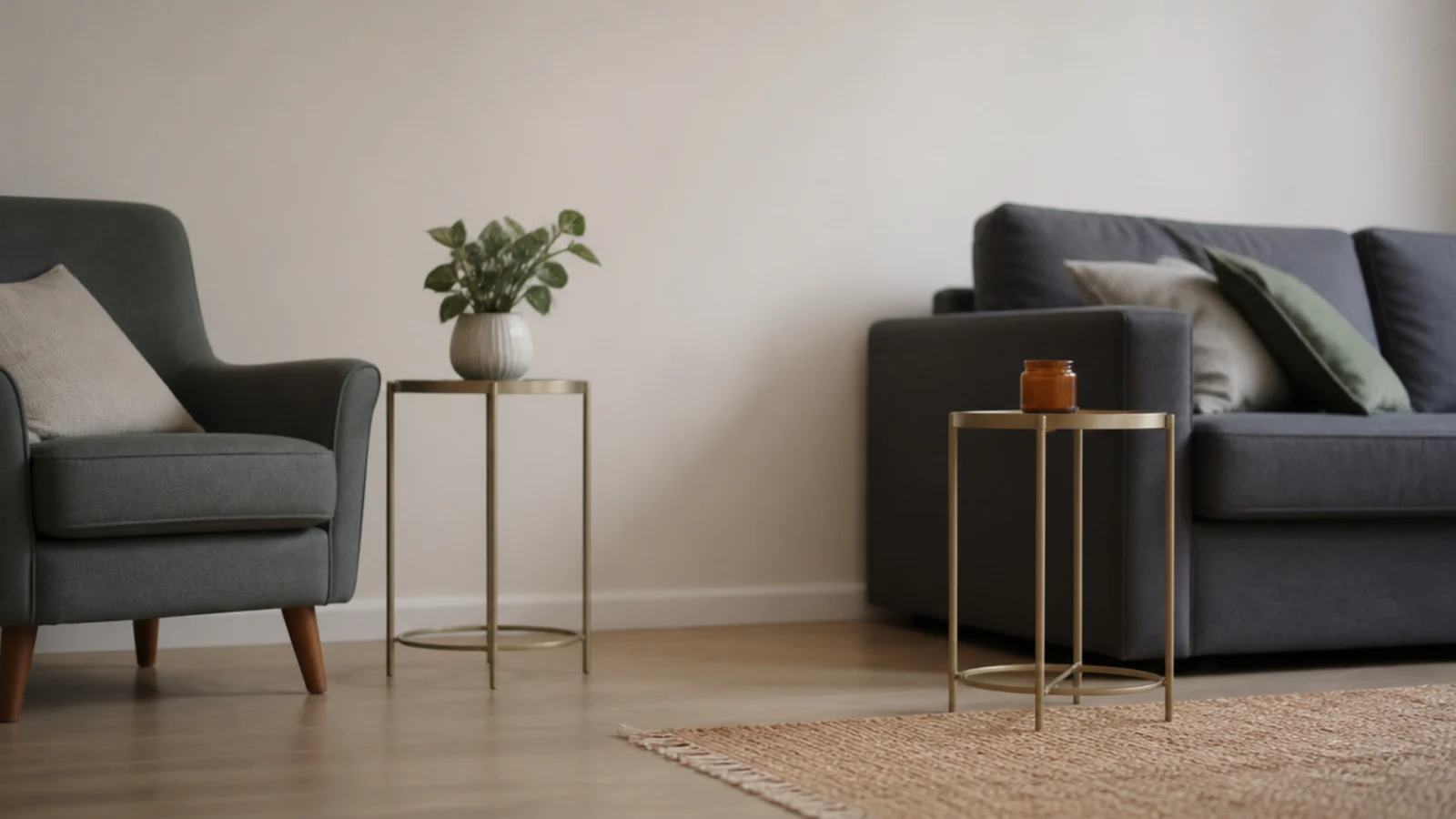 two nesting tables split either side of a rented living room