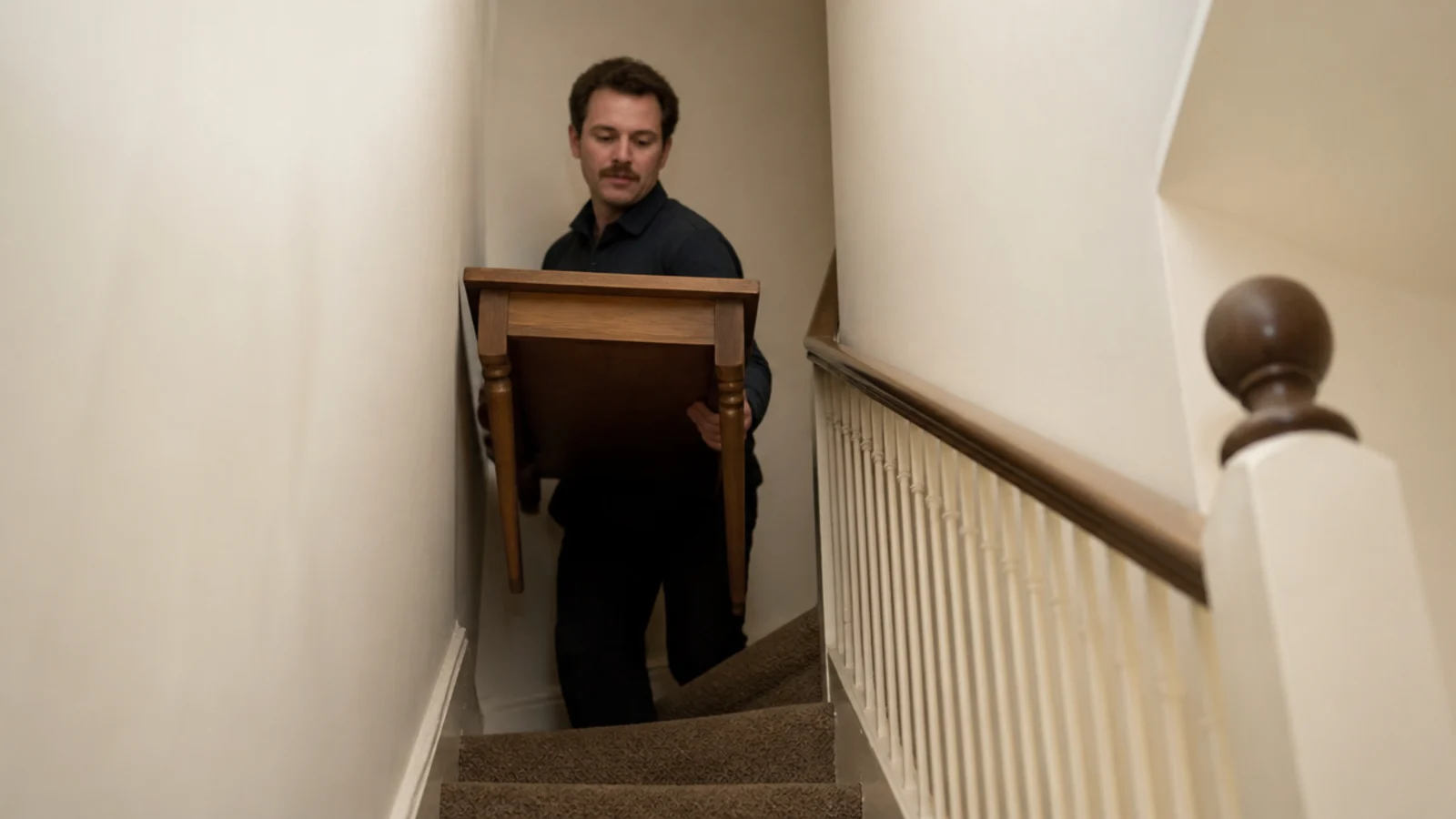 compact table being carried up a narrow rented staircase easily