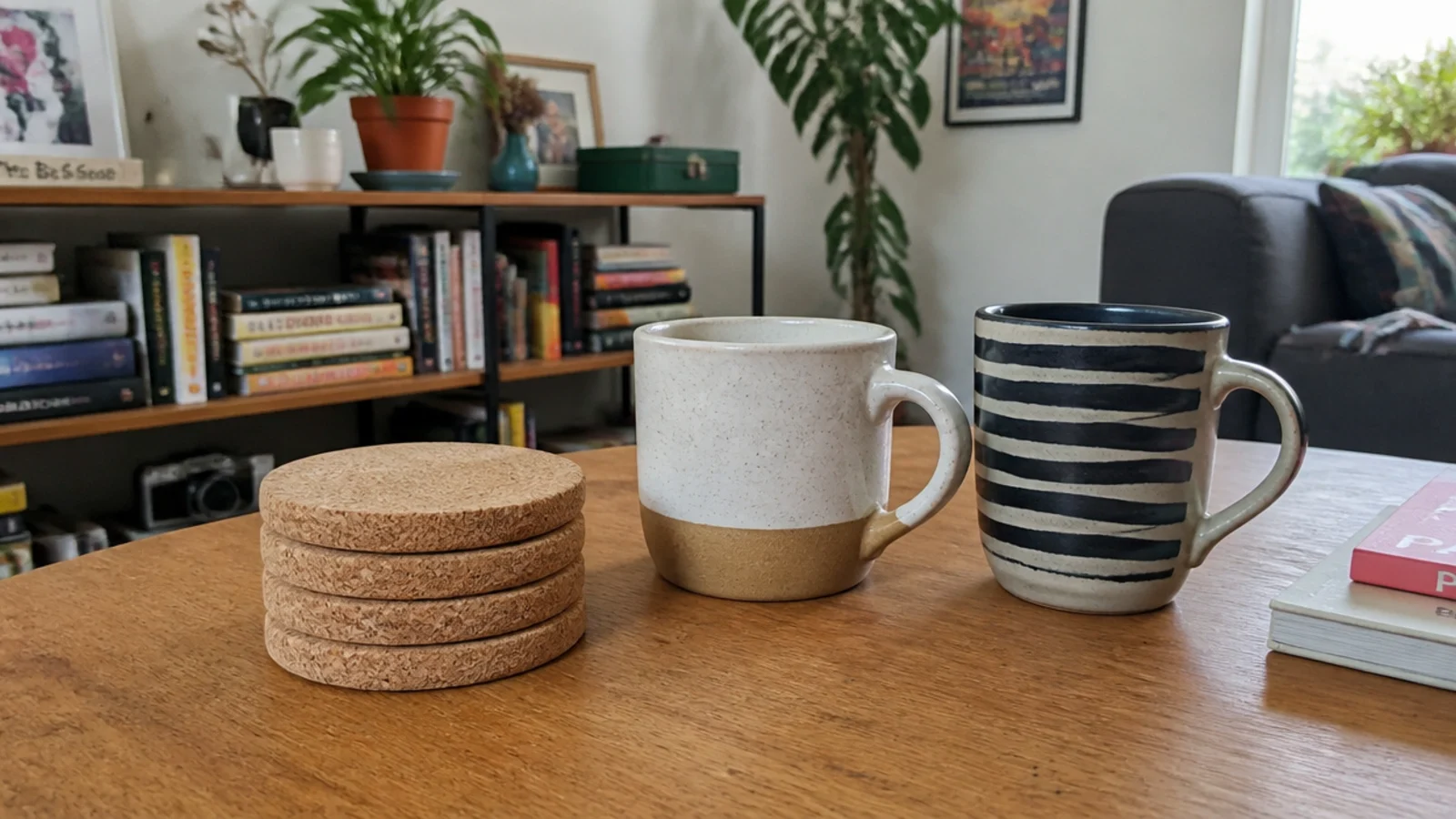 four cork coasters left stacked openly on a shared house table