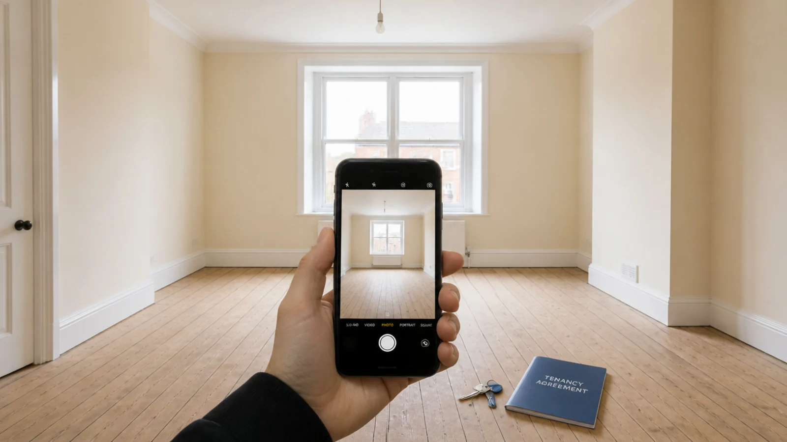 phone photographing an unfurnished rented living room on move in