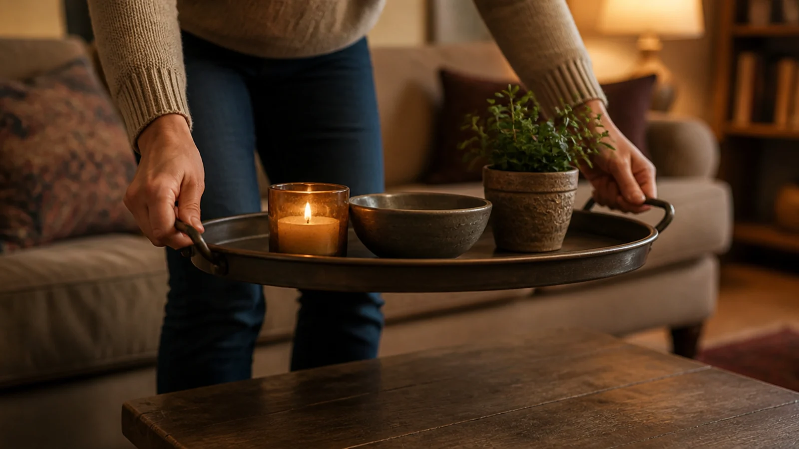 hands lifting a large handled tray holding an entire table arrangement