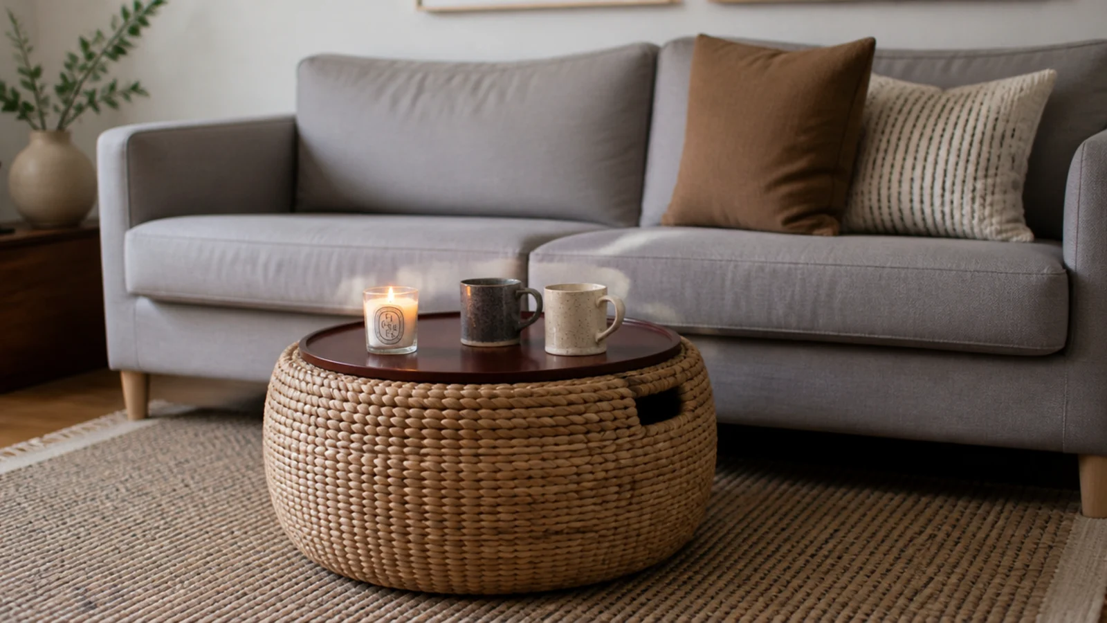living room center table decor ideas for a rental with tray and basket