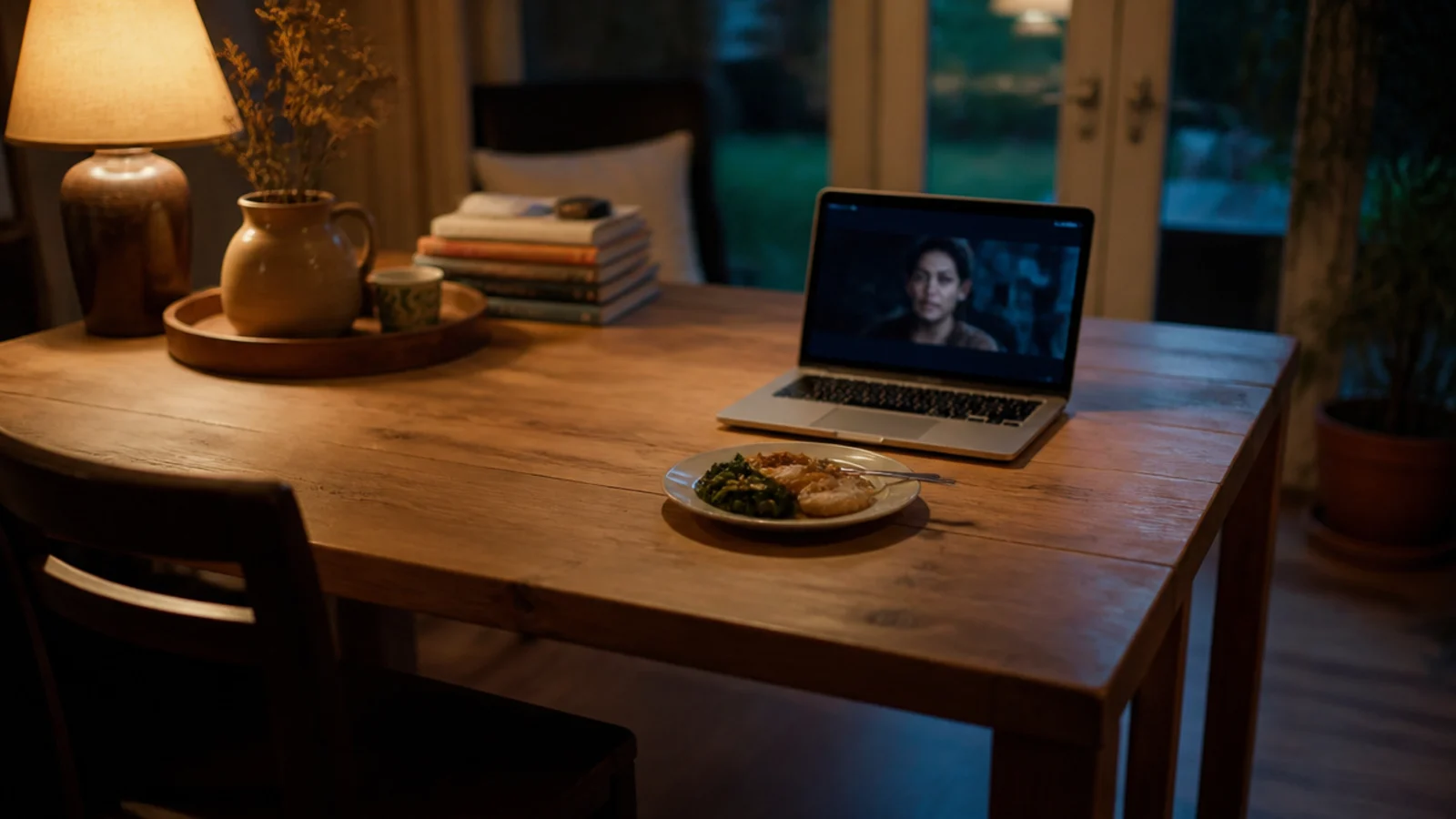 styled table half cleared with a plate and laptop pushed into the space