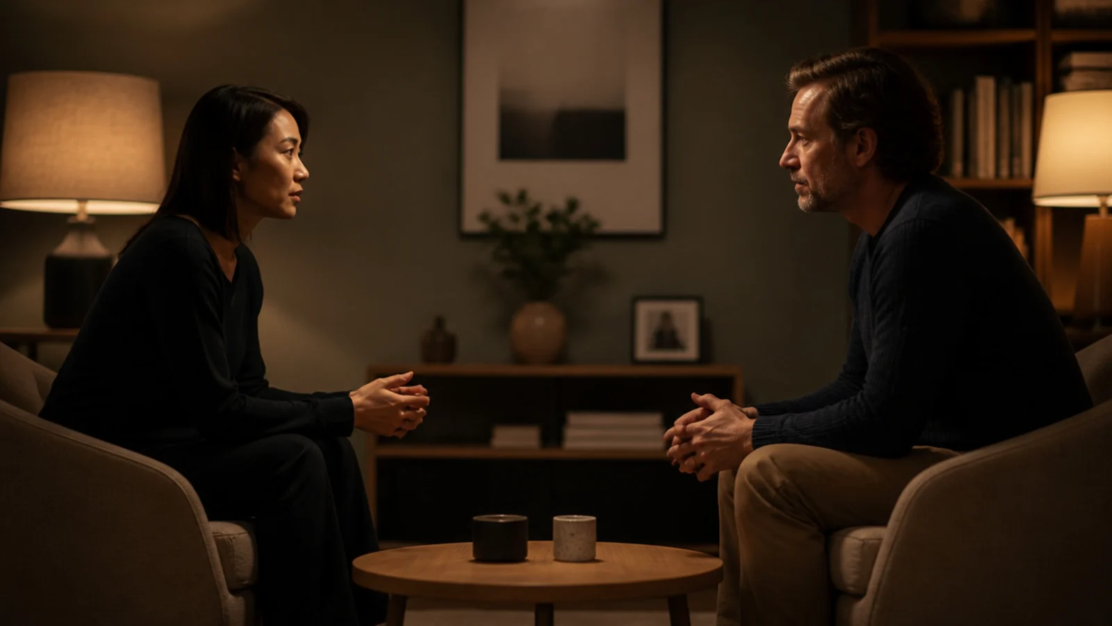 two people talking across a low table with nothing blocking the view