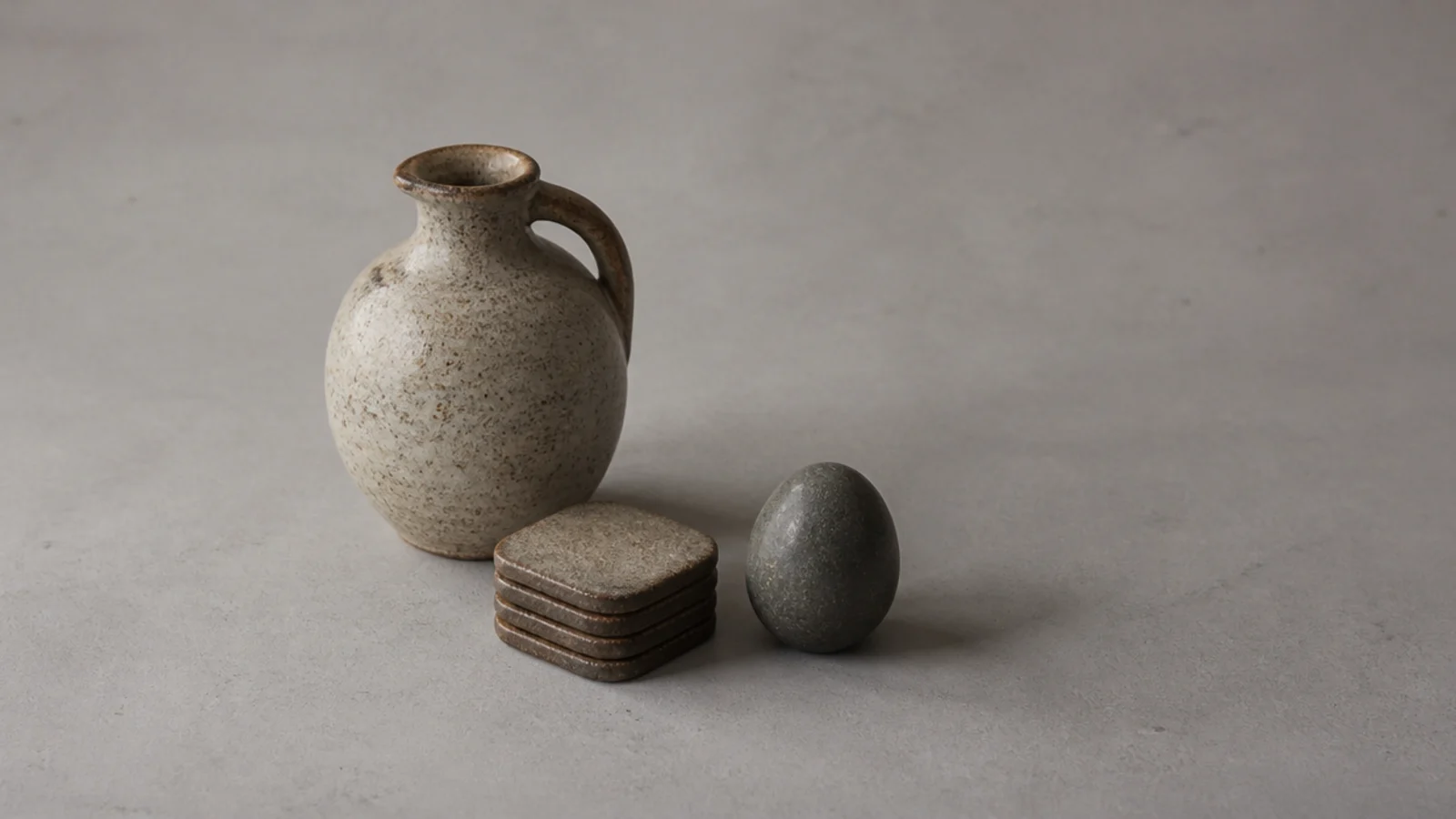 three grouped objects on a bare table with space around each