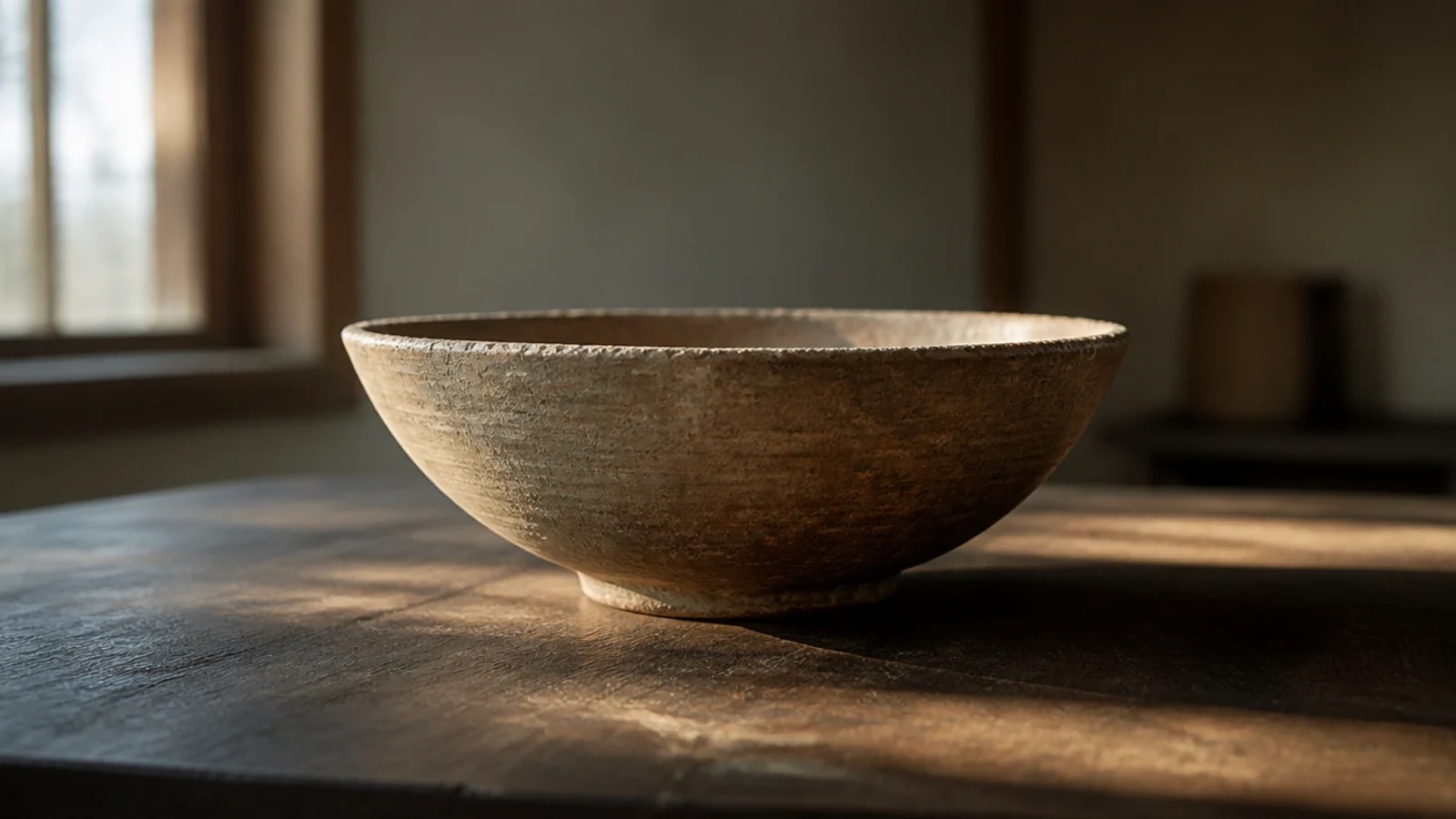 wide handmade bowl anchoring the centre of an otherwise bare table