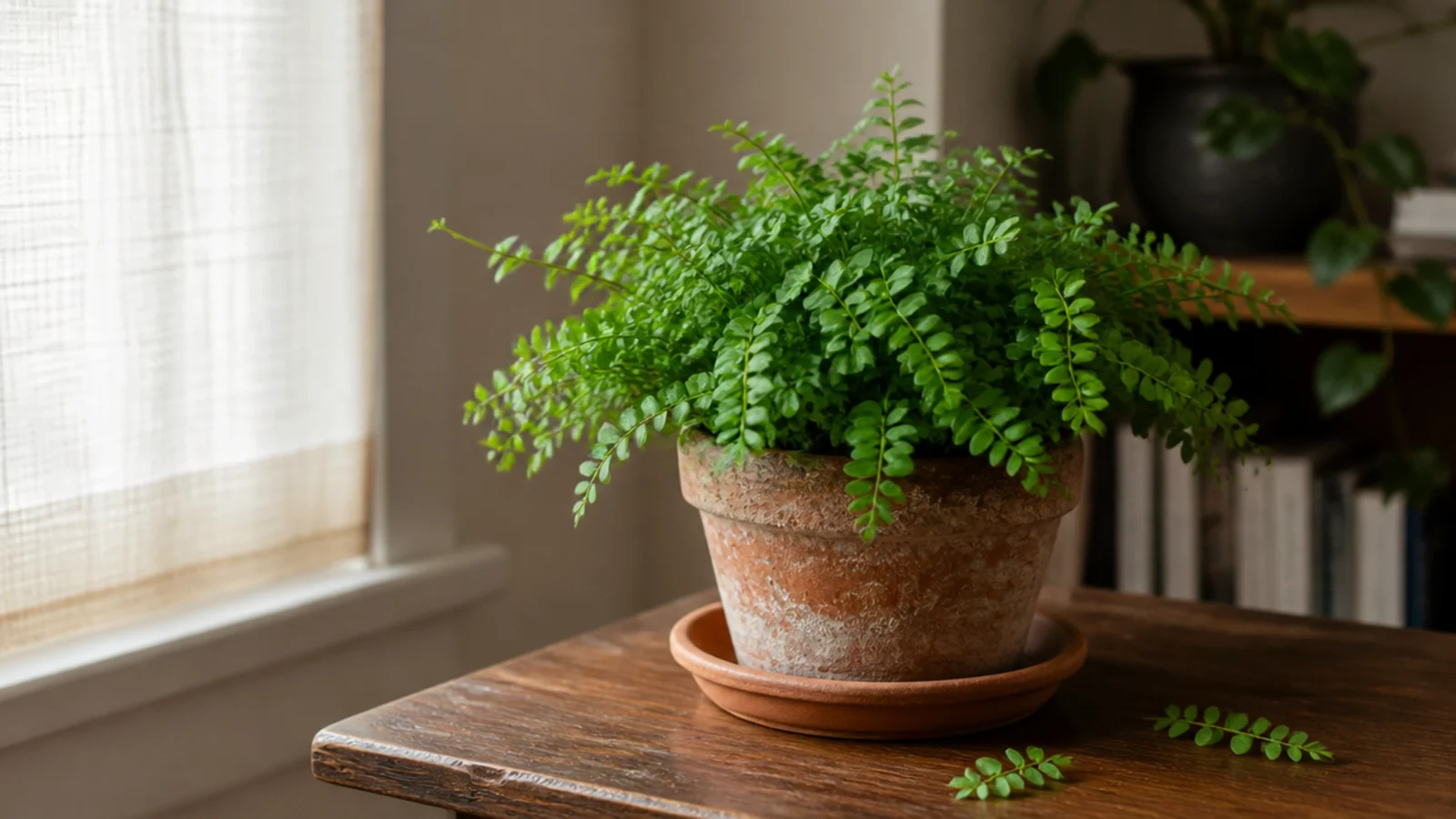small potted fern in a clay pot sitting low on a center table