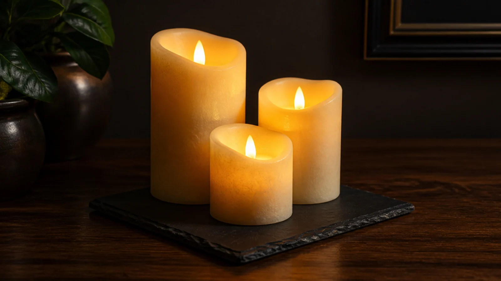 three flameless pillars of different heights grouped on a stone tray