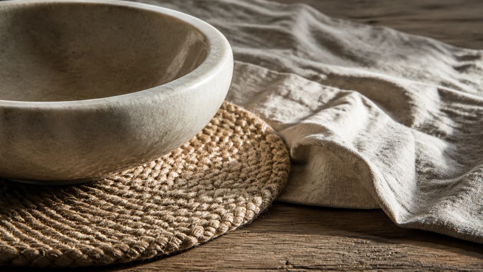 stone bowl woven coaster and linen runner layered on one table