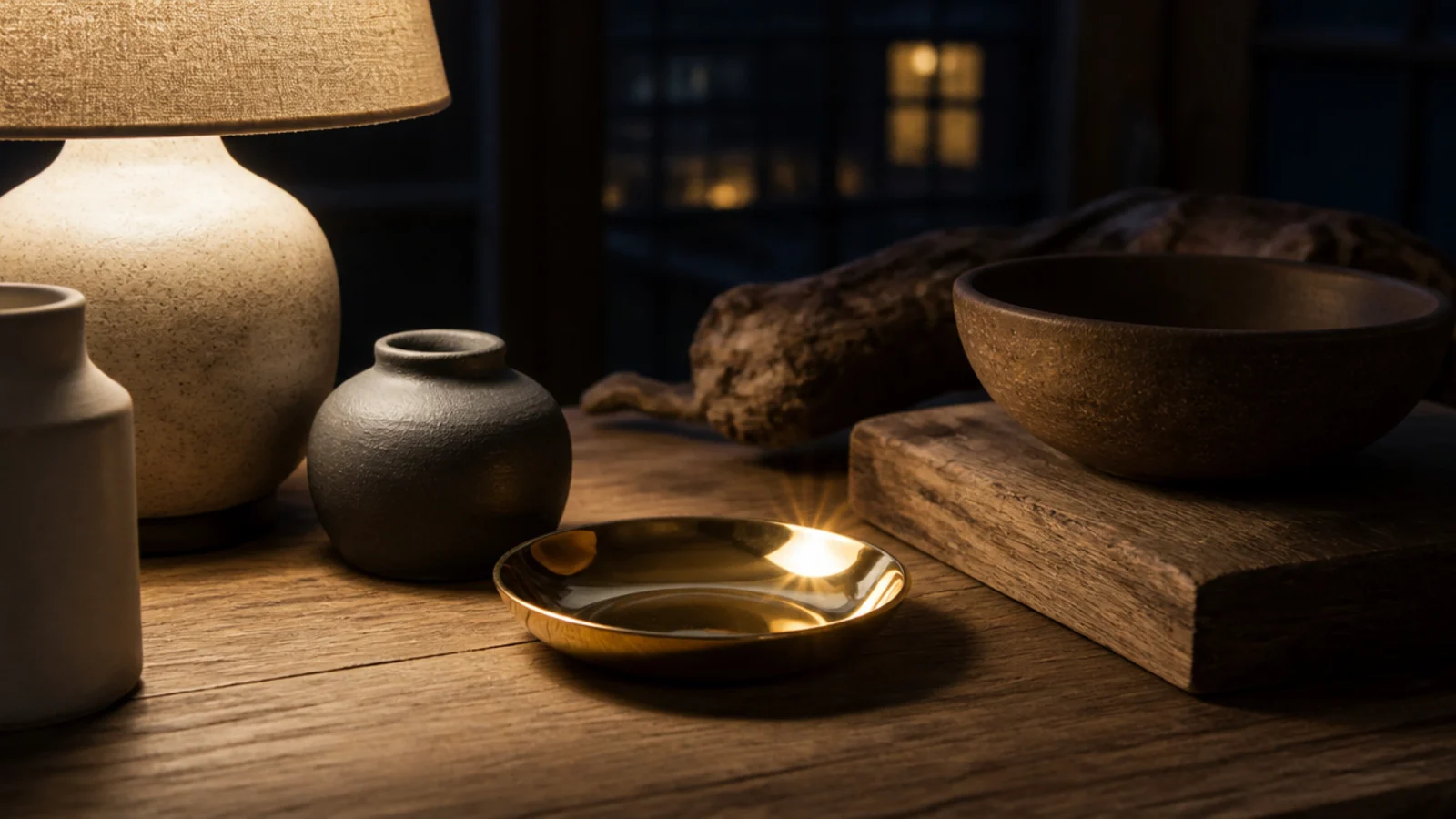 polished brass dish catching lamplight among matte table objects