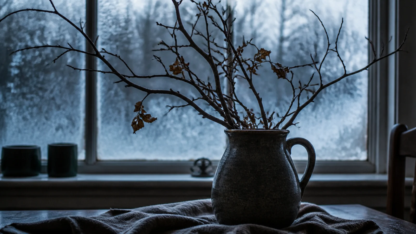bare winter branches arranged in a heavy jug on a low table