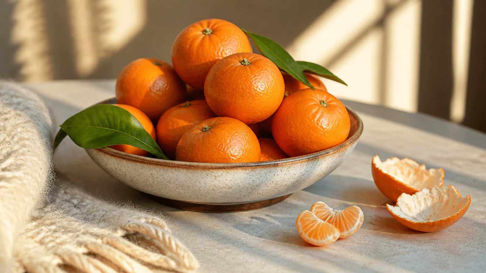 shallow bowl of clementines with peel left on the table edge