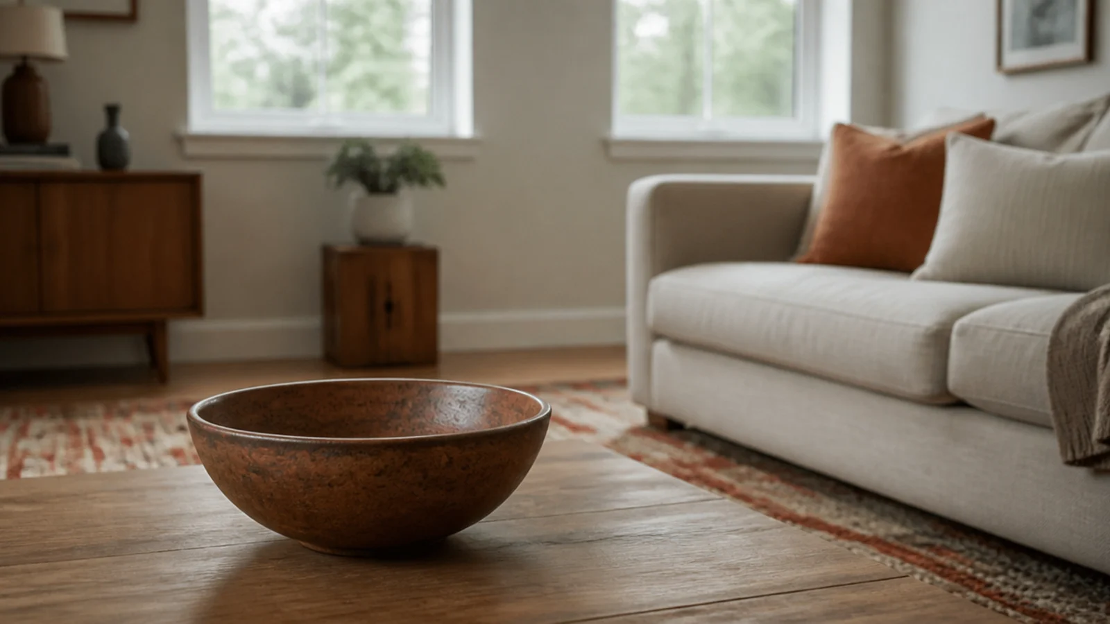 rust coloured bowl echoing the same tone in the rug beneath