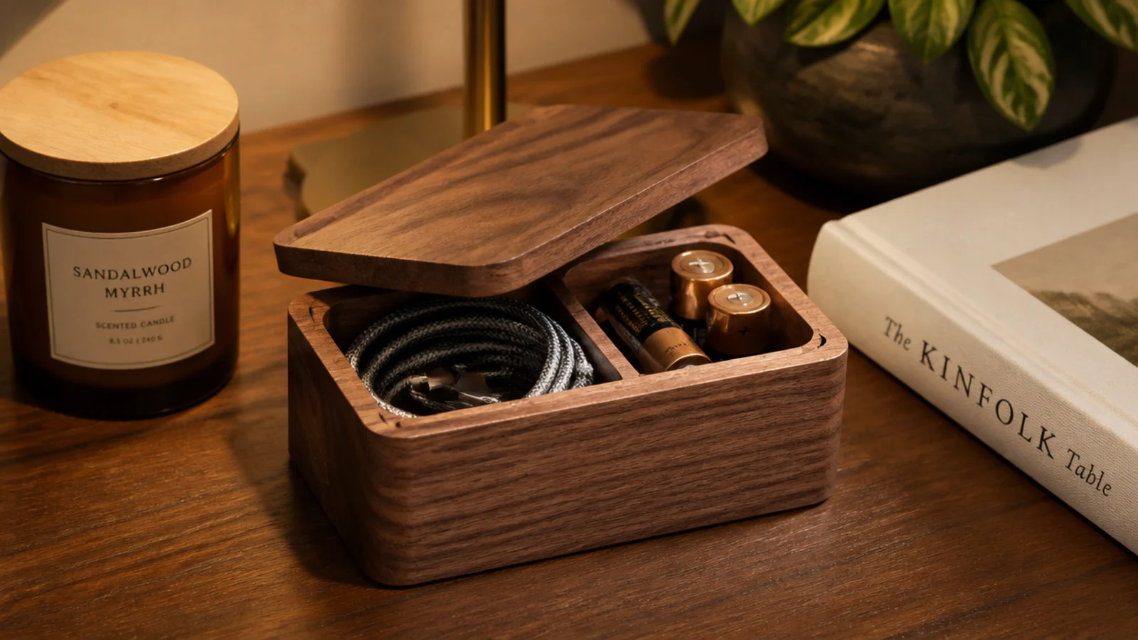 lidded timber box on a table hiding chargers and spare batteries