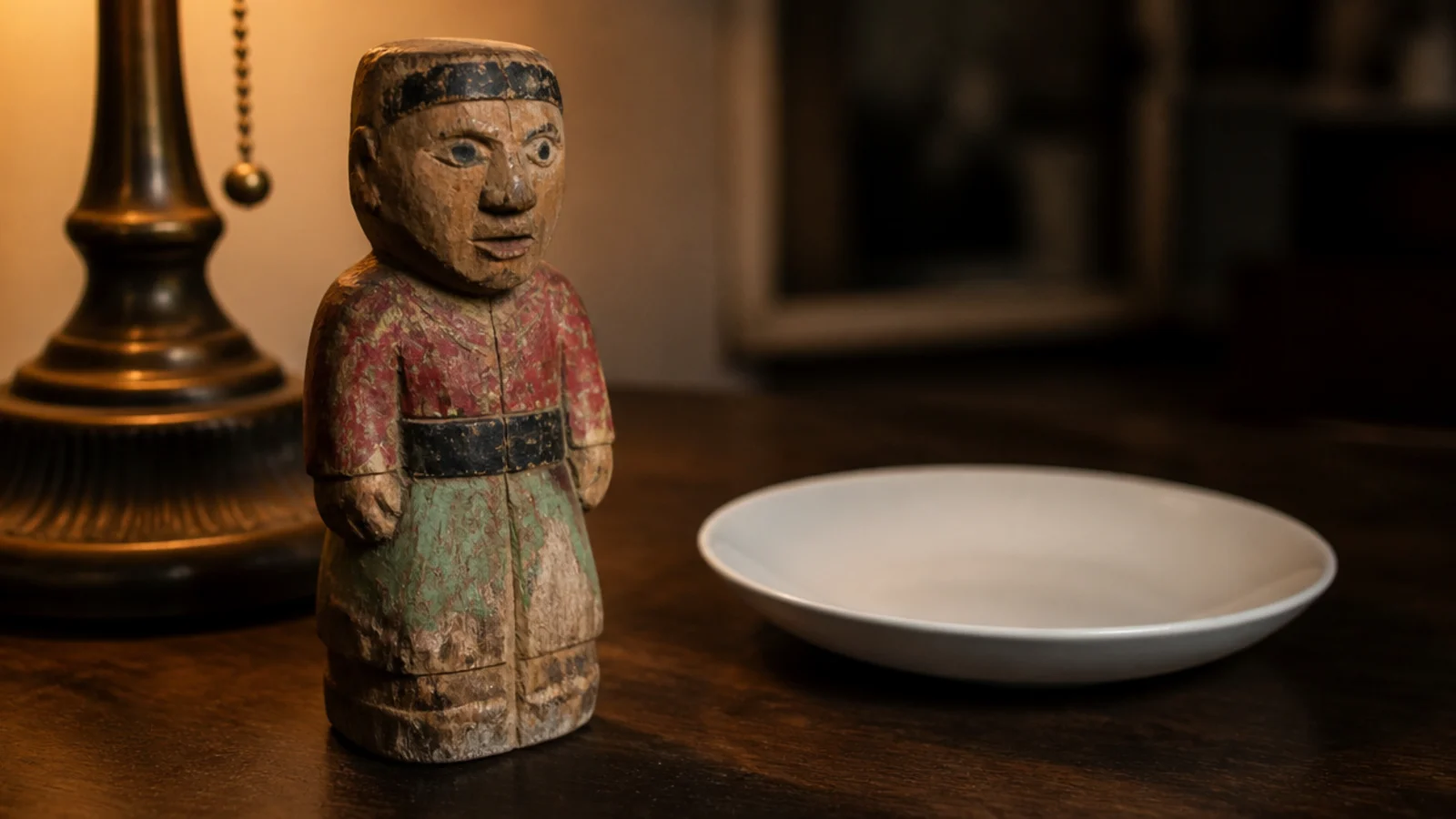 weathered carved wooden figure standing among plain table objects