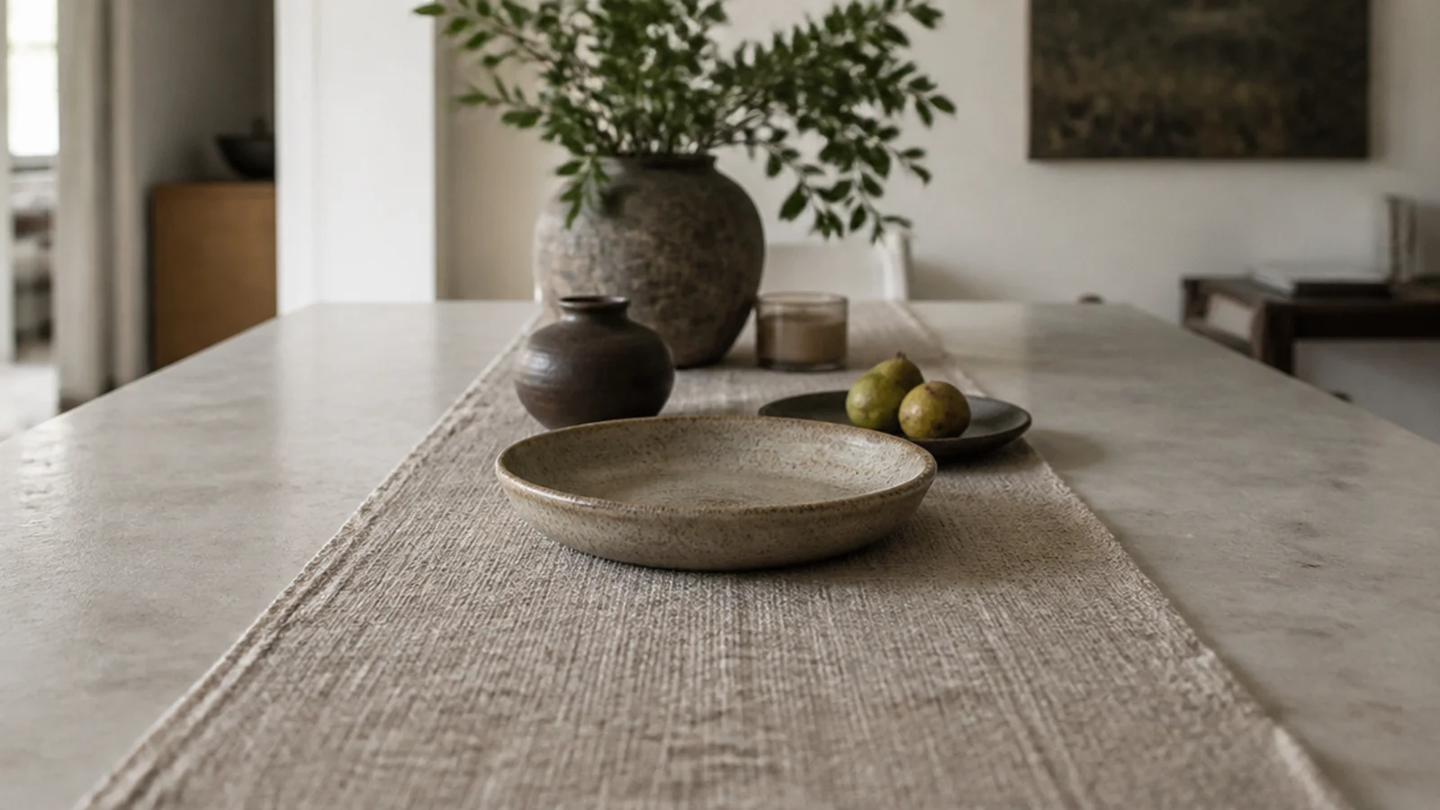 linen runner laid down the centre of a wide stone table