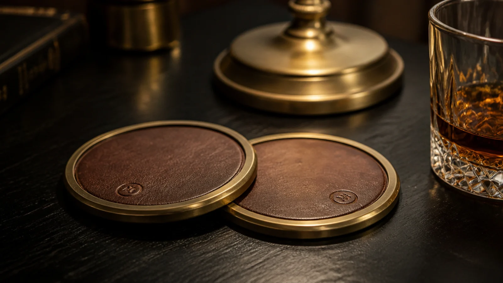 brass rimmed coasters echoing the brass lamp base behind them