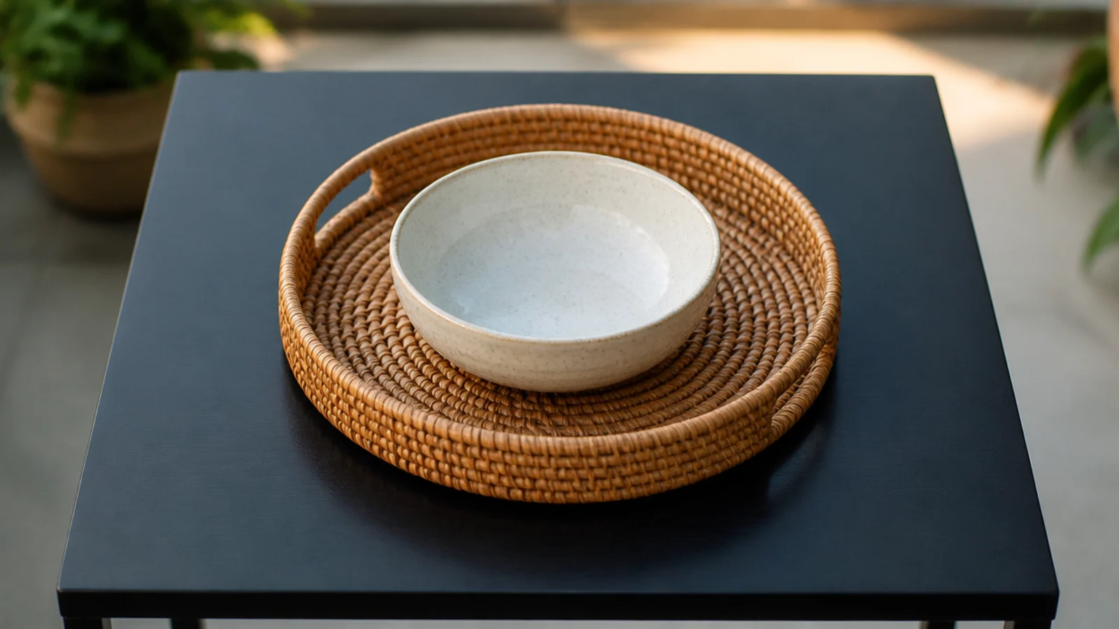 round tray and round bowl softening a hard edged rectangular table