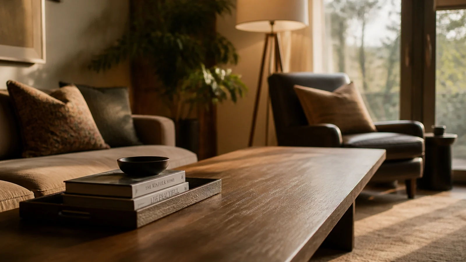 objects grouped at the sofa end of a long table with space beyond
