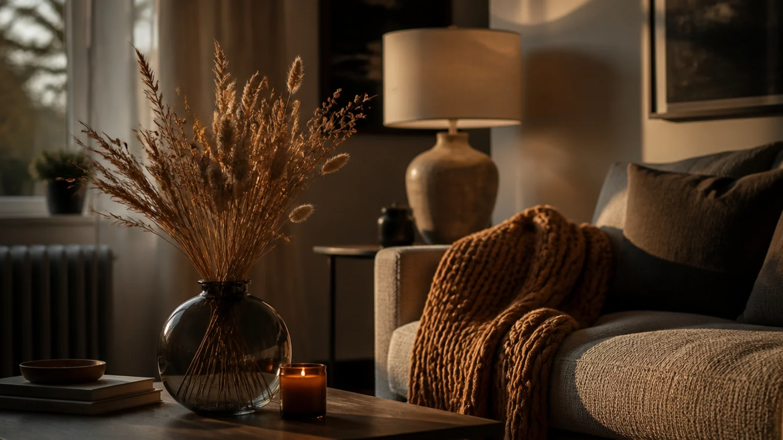 autumn table arrangement with dried grasses and a wool throw nearby