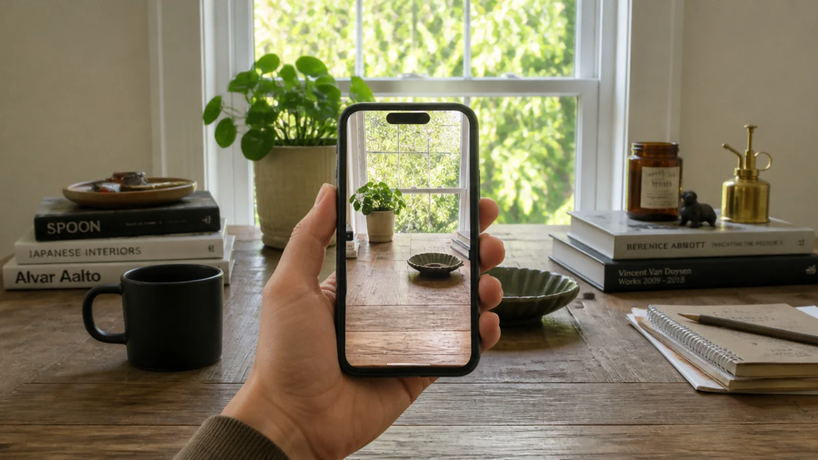 phone screen showing a photo of the table being styled beside it