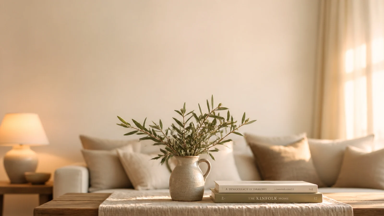 tall living room center table decoration view with tray branches and books