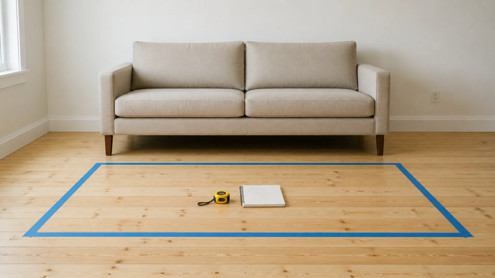 painters tape marking a table footprint on a bare living room floor