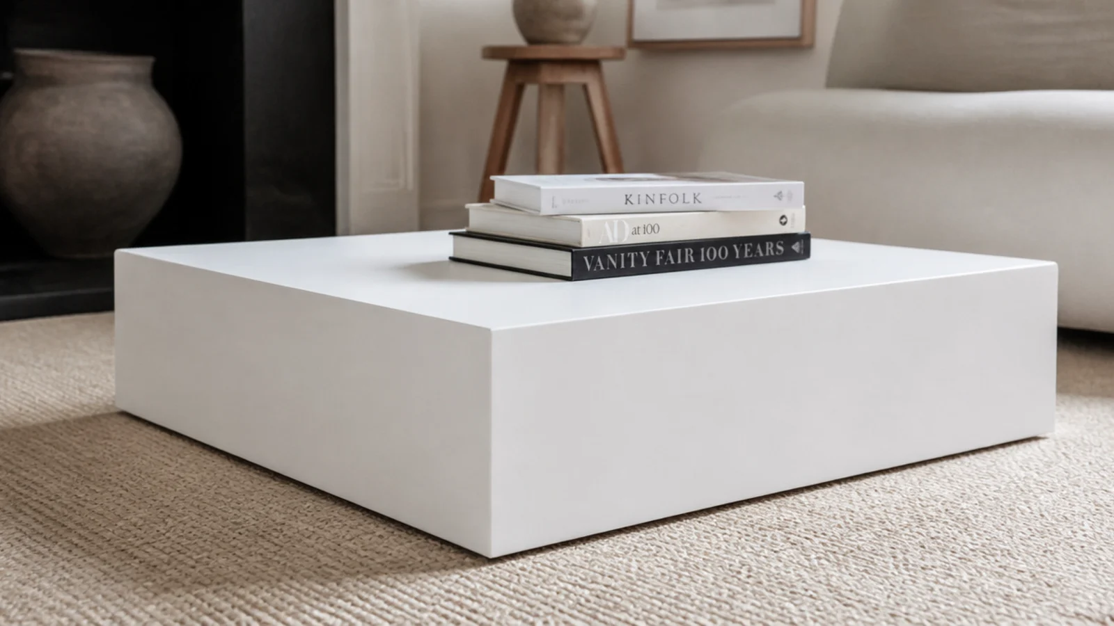 square plinth block table with flat sides and no visible legs