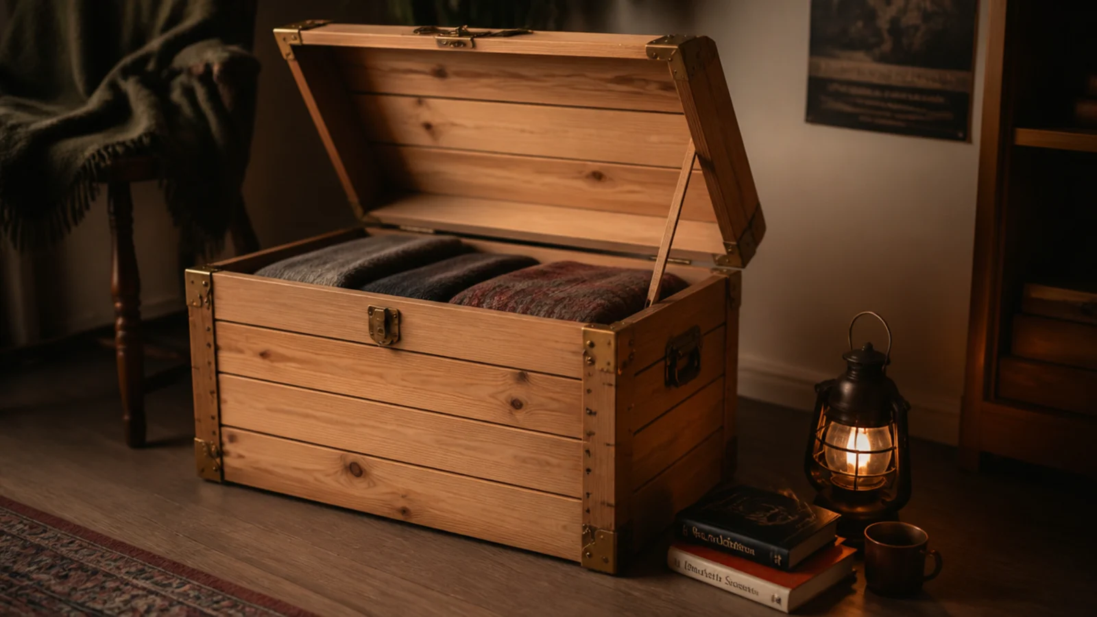 wooden storage trunk with the lid raised showing folded blankets inside