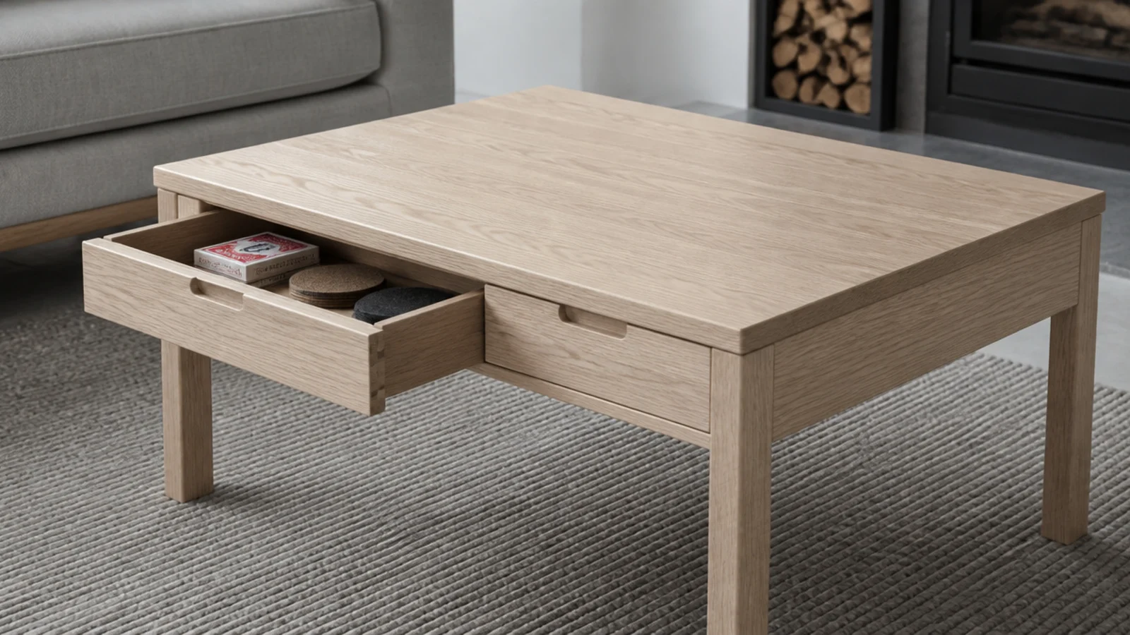 center table with two shallow drawers and slim recessed pull handles