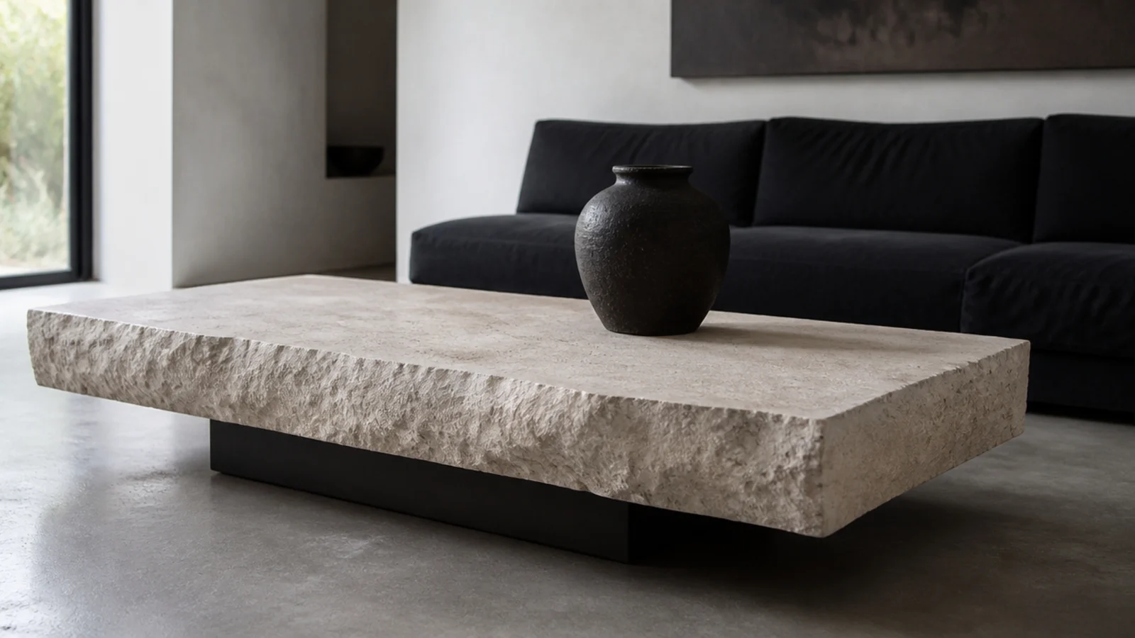 thick stone slab table carried on a slim blackened steel base